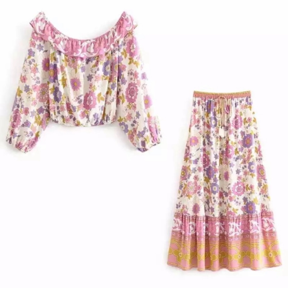 Waverly Floral Gypsy Bohemian Off Shoulder Blouse & Maxi Ruffle Skirt Set - Picture 13 of 13